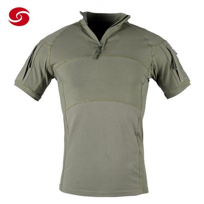Stand Collar Zipper Closer Pockets Military T Shirt