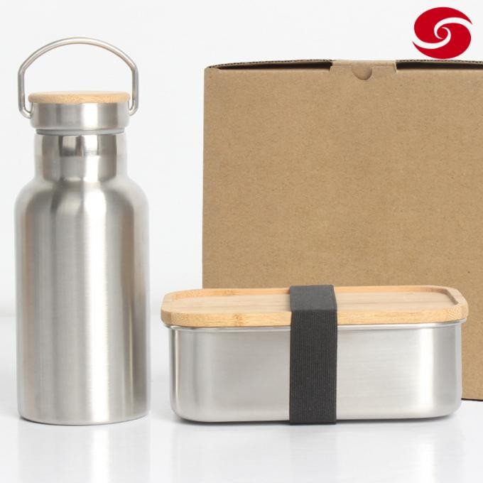 Stainless Steel Lunch Box Bamboo Lid Water Bottle with Bamboo Lid Set Food Container