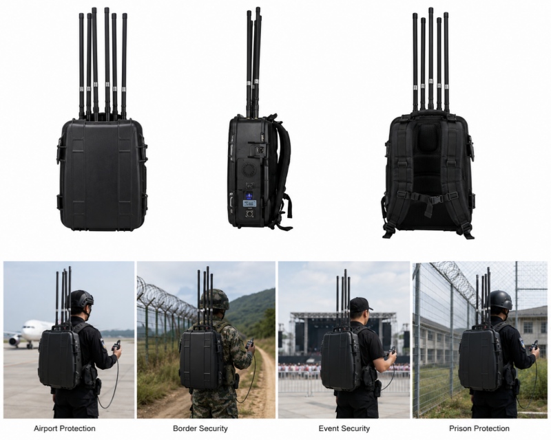 Military backpack drone jammer for tactical anti-UAV operations Counter-UAV backpack jammer for prison and border security missions